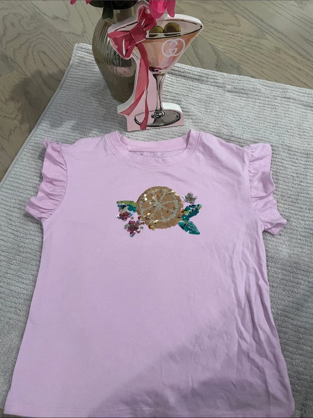 Cat & Jack Light Pink Short Sleeve Tee with Gold Sequin Lemon